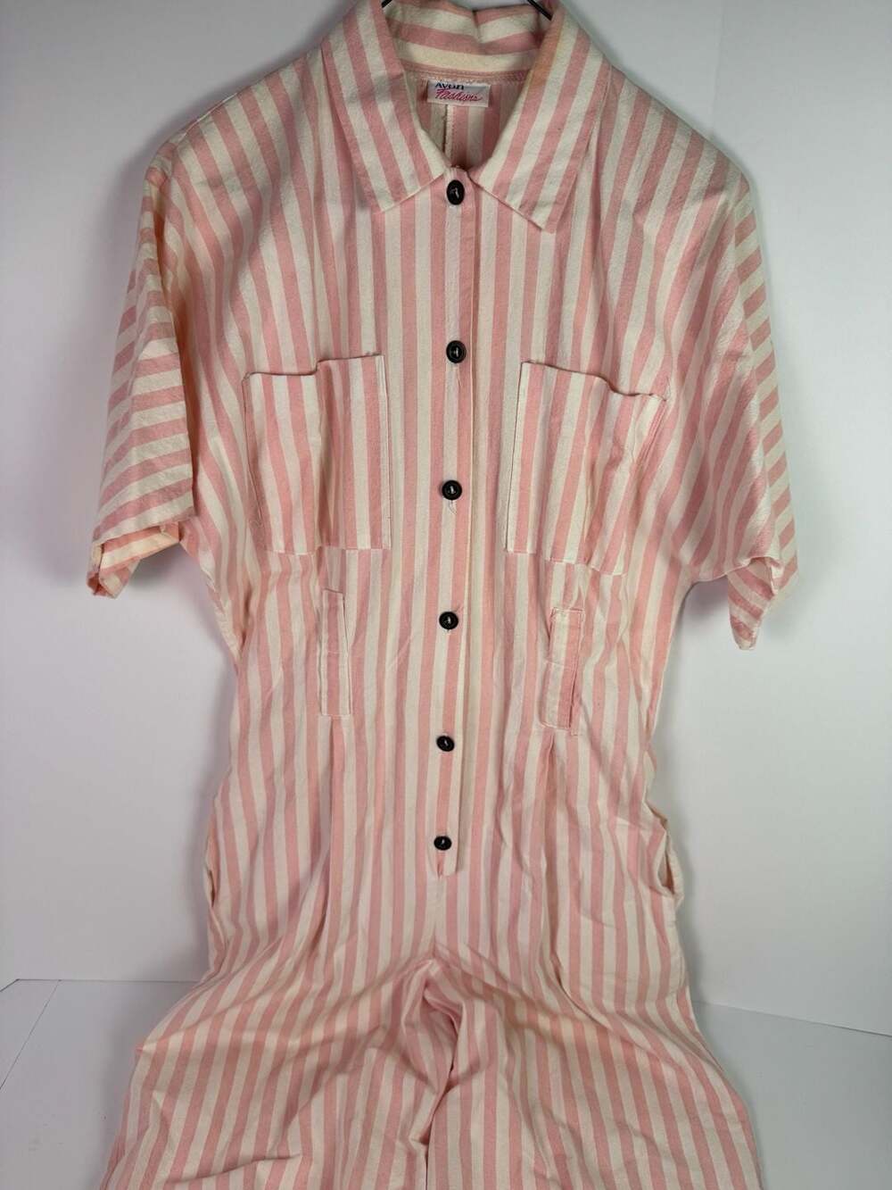 Vintage Avon Fashions Pink and White Striped Button Front Jumpsuit Sz M
